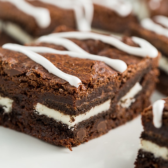 Brownies stuffed with oreo cookies.