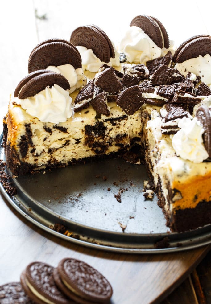 Oreo Cheesecake is super creamy with lots of oreo cookie chunks.
