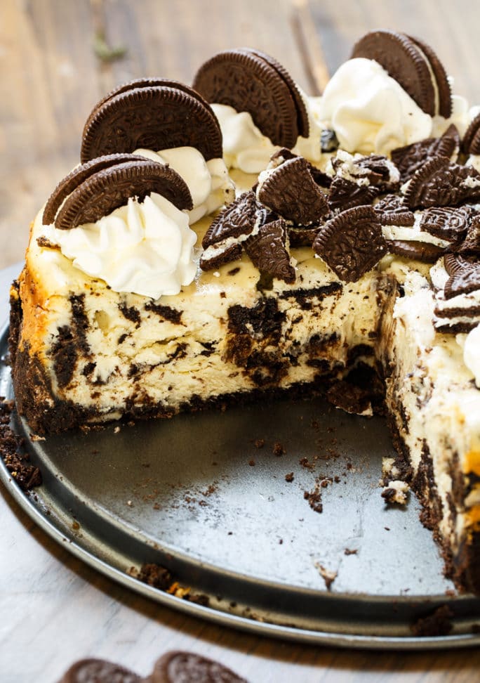 Oreo Cheesecake is super creamy with lots of oreo cookie pieces.