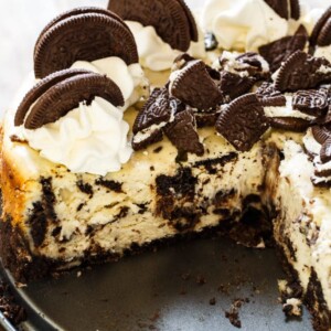 Oreo Cheesecake is super creamy with lots of oreo cookie pieces.