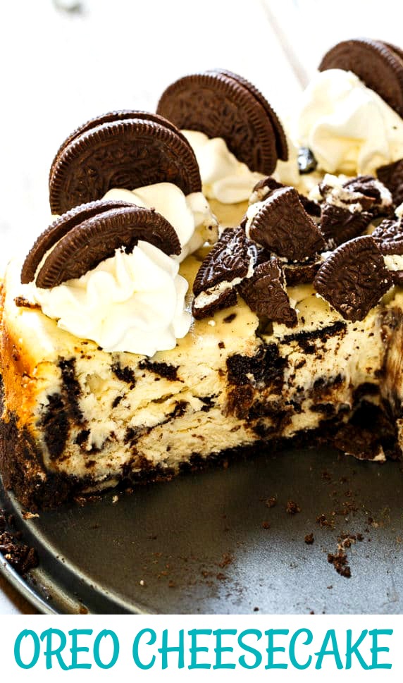 Cheesecake with Oreos topped with whipped cream and oreo cookies