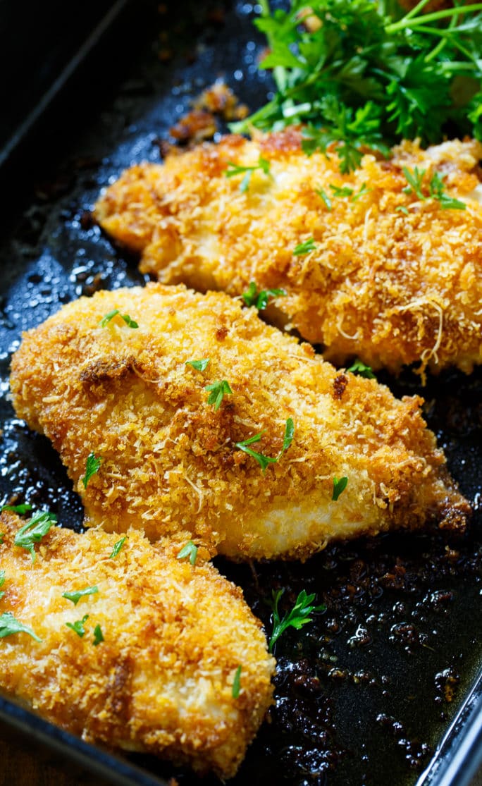 Baked Parmesan Chicken is coated in mayonnaise and then parmesan cheese and Panko crumbs. The most delicious baked chicken!