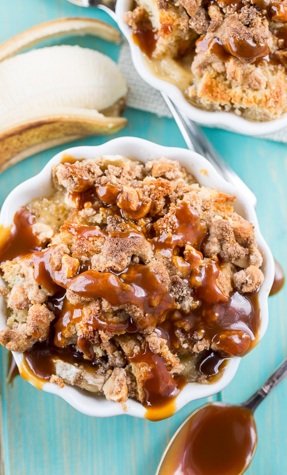 Peanut Butter and Banana Bread Pudding with Dark Caramel Sauce