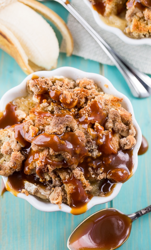 Peanut Butter and Banana Bread Pudding with Dark Caramel Sauce