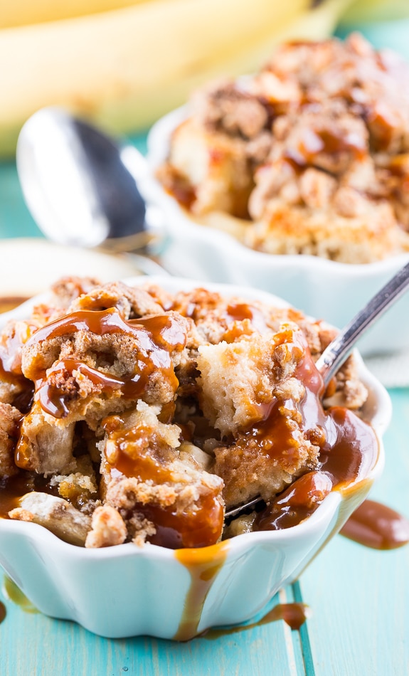 Peanut Butter and Banana Bread Pudding with Dark Caramel Sauce