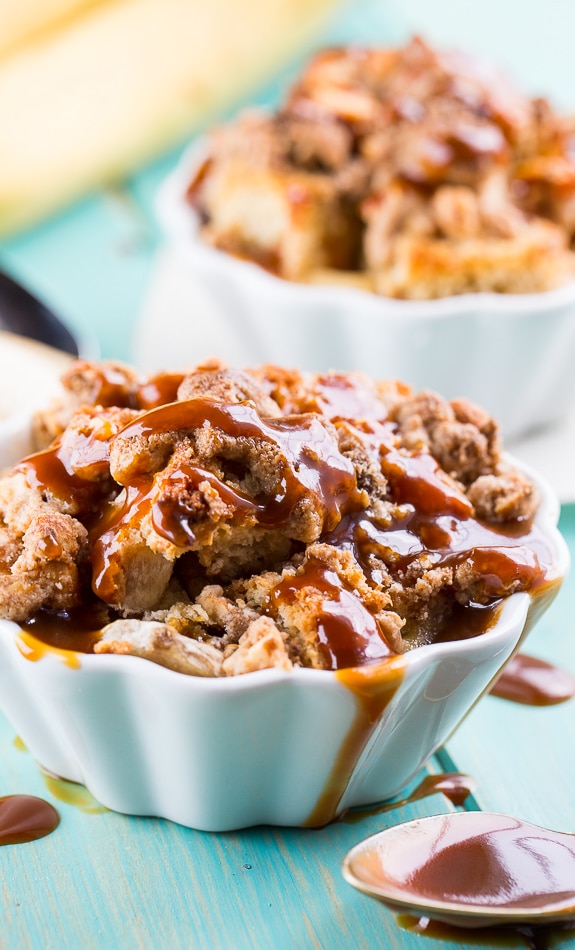 Peanut Butter and Banana Bread Pudding with Dark Caramel Sauce