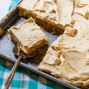 Peanut Butter Sheet Cake with a fluffy peanut butter frosting.