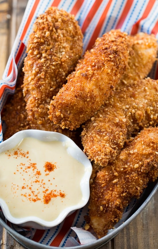 Peanut Crusted Chicken Fingers with Honey Maple Sauce