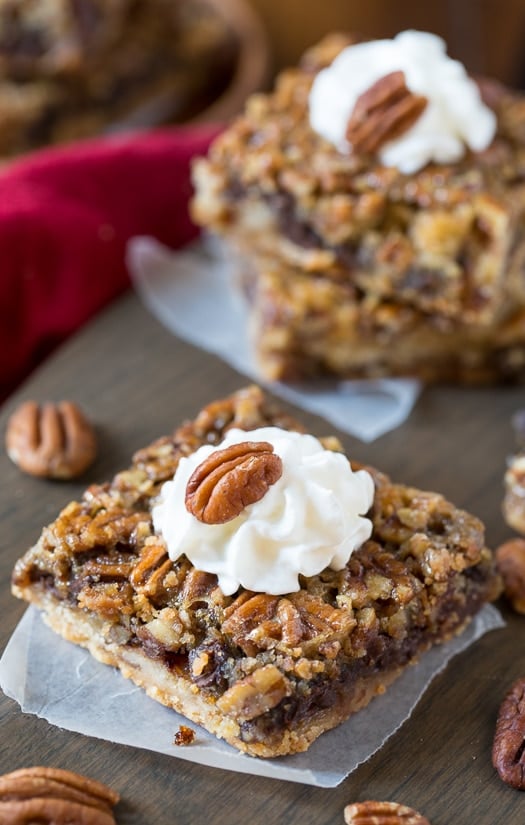 Chocolate Chip Pecan Pie Bars- all the flavor of a pecan pie in easy to eat bar form!