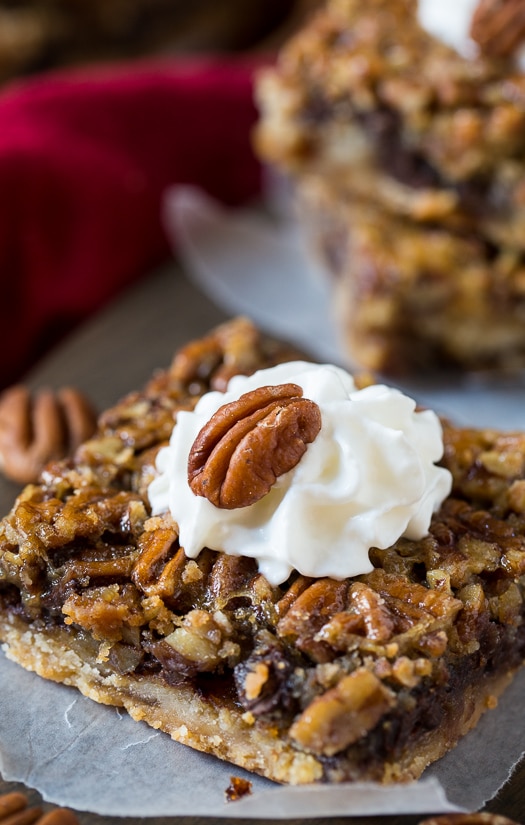 Chocolate Chip Pecan Pie Bars - all the flavor of a pecan pie in easy to eat bar form.