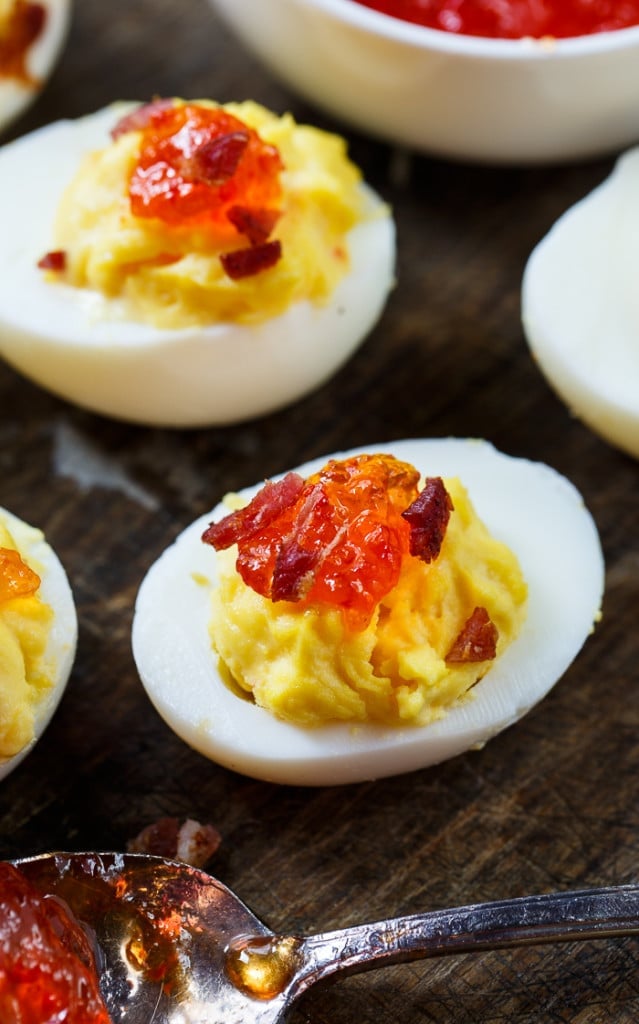 Red Pepper Jelly Deviled Eggs with Bacon Spicy Southern Kitchen