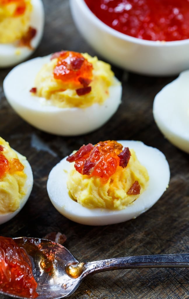 Red Pepper Jelly Deviled Eggs with Bacon Spicy Southern Kitchen