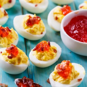 Red Pepper Jelly Deviled Eggs with Bacon