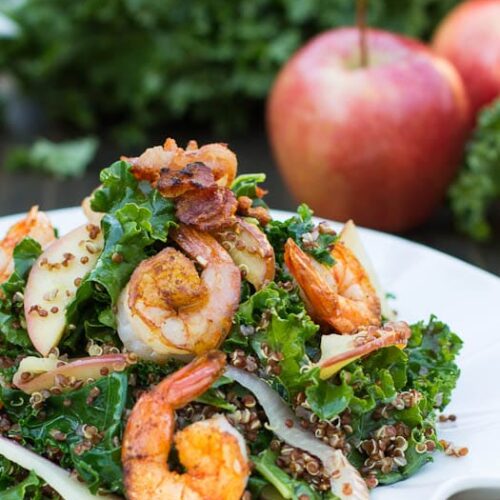 Apple, Kale, and Quinoa Salad with Spicy Shrimp #recipe