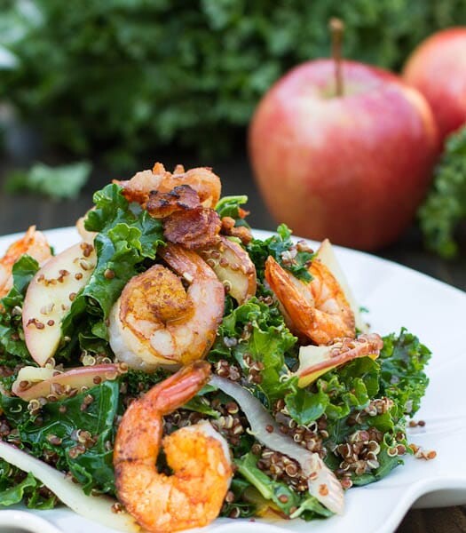 Apple, Kale, and Quinoa Salad with Spicy Shrimp #recipe