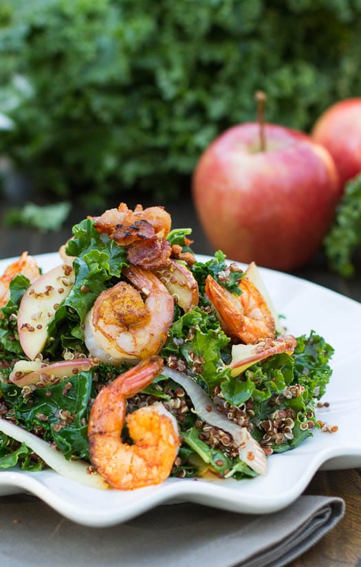 Apple, Kale, and Quinoa Salad with Spicy Shrimp #recipe