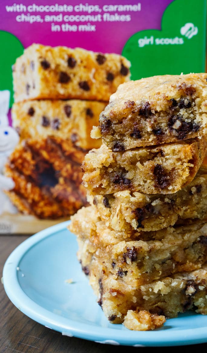 Easy Caramel and Coconut Blondies made from Pillsbury baking mix..