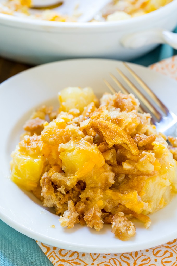 Pineapple Casserole with a butter cracker topping