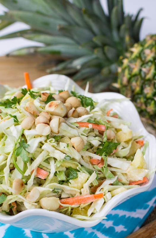 Close-up of Pienapple Coleslaw with Coconut.