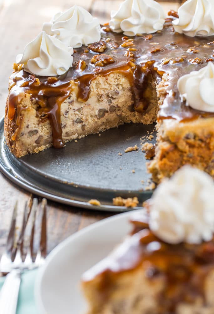 Pecan Praline Cheesecake with a buttery pecan crust.