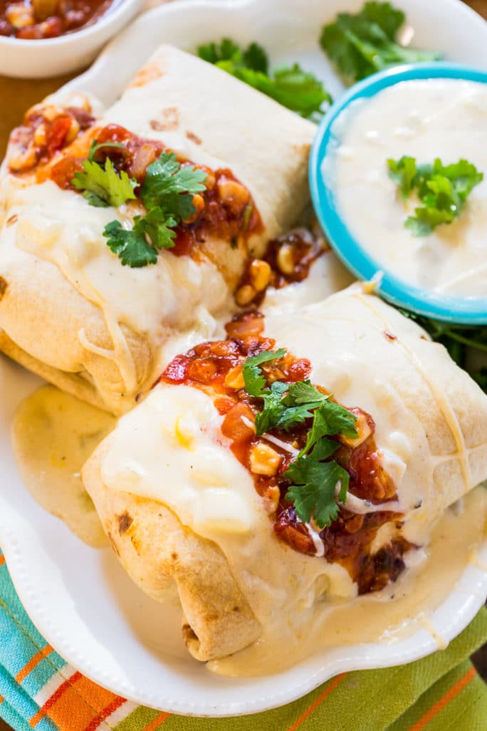 Pulled Pork Burritos with Cheesy Sour Cream Sauce for Cinco de Mayo