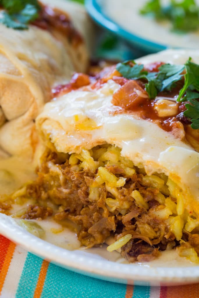 Pulled Pork Burritos with Cheesy Sour Cream Sauce