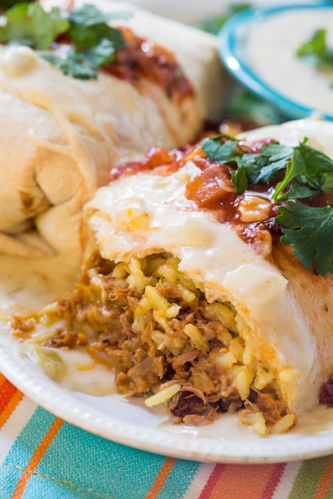 Pulled Pork Burritos with Cheesy Sour Cream Sauce