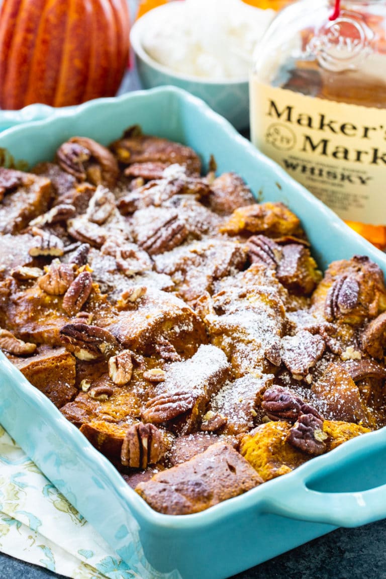 Pumpkin Bread Pudding with Bourbon Whipped Cream