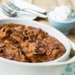 Pumpkin Bread Pudding with Maple Bourbon Whipped Cream