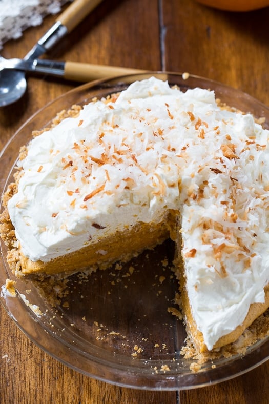 Coconut Pumpkin Chiffon Pie with a to die for mascarpone whipped cream topping.