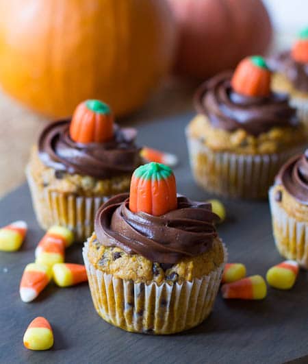 Pumpkin Chocolate Chip Cupcakes on a dark wood serving board surrounded by candy corn.
