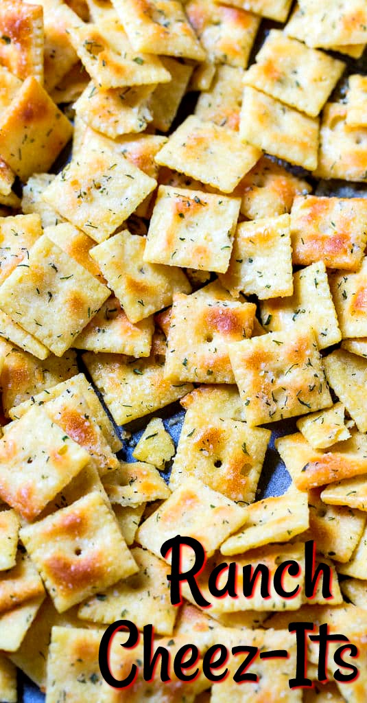 Cheez-Its falvored with ranch on a baking sheet