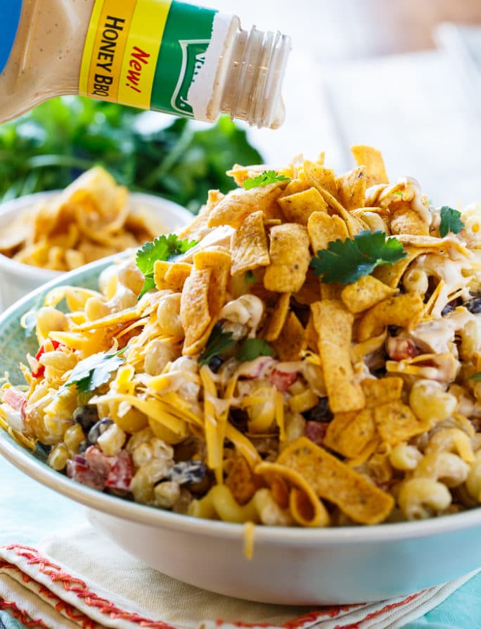 BBQ Ranch Pasta Salad with chicken and crunchy corn chips.