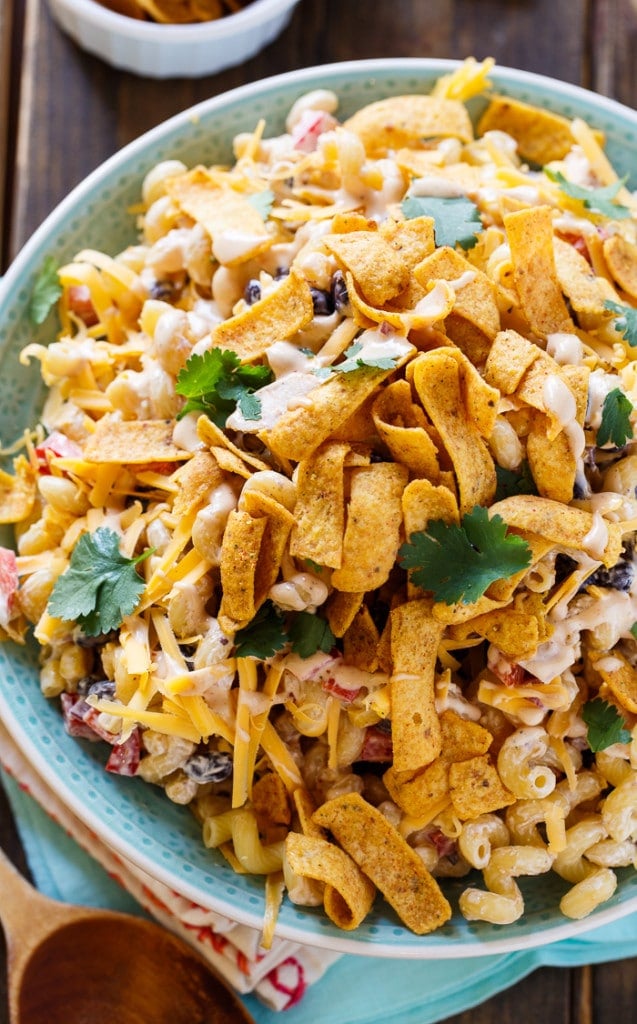 BBQ Ranch Pasta Salad with chicken and crunchy corn chips.