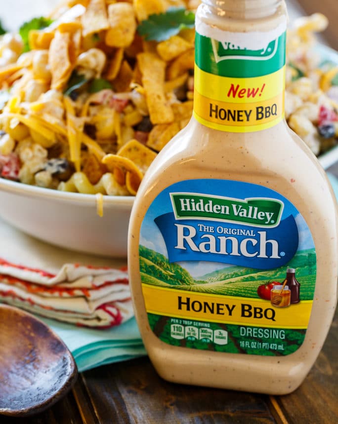 BBQ Ranch Pasta Salad with chicken and crunchy corn chips