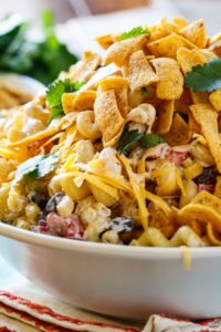 BBQ Ranch Pasta Salad with chicken and crunchy corn chips.