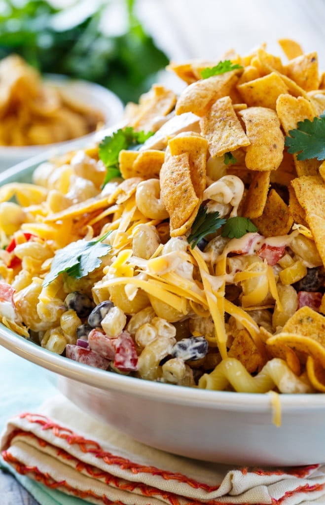 BBQ Ranch Pasta Salad with chicken and crunchy corn chips.