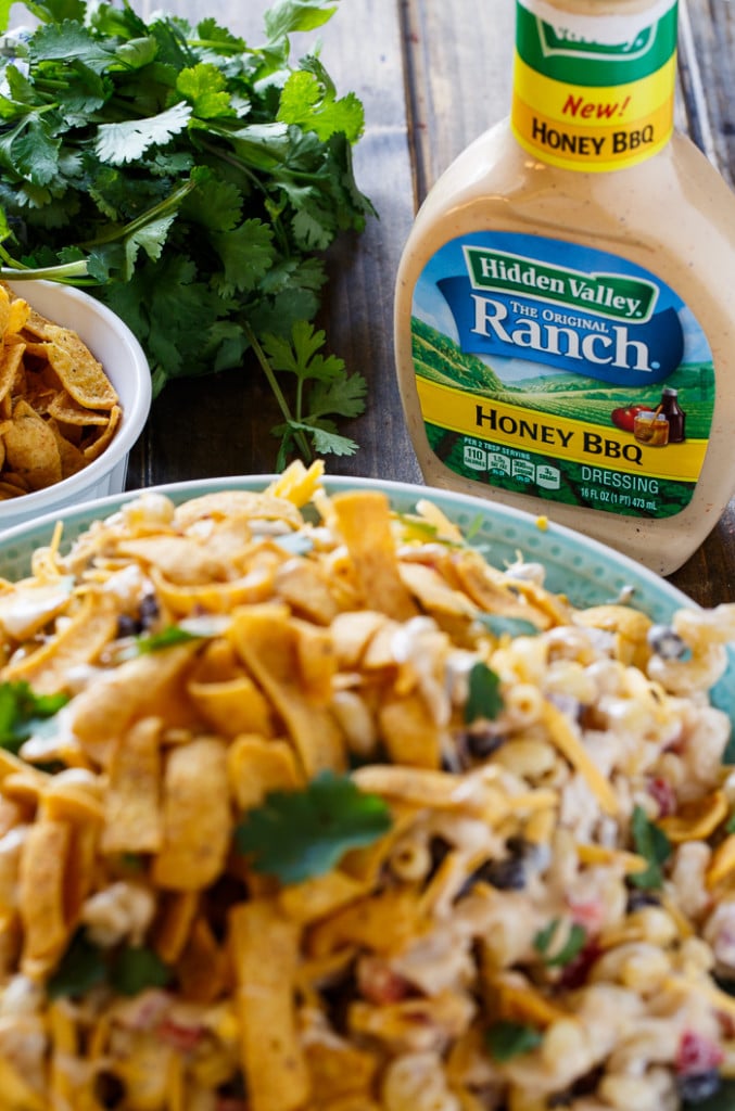 BBQ Ranch Pasta Salad with chicken and crunchy corn chips.