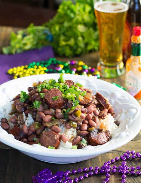 Beans and Rice surrounded by mardi gras beads.
