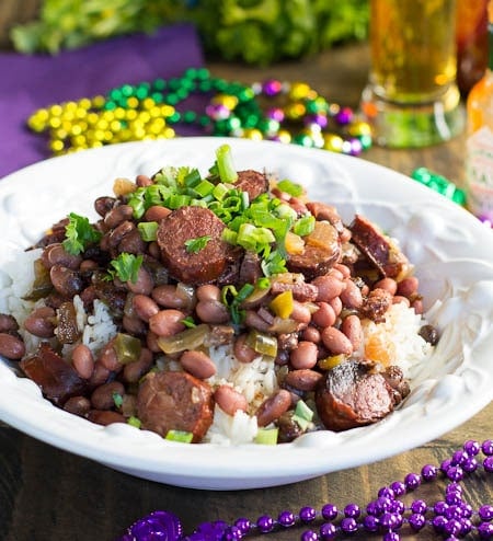 Red Beans and Rice topped with green onions in a bowl. 