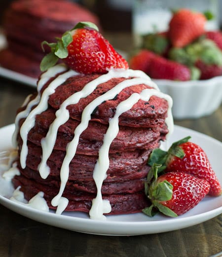 Red Velvet Pancakes with Cream Cheese Drizzle