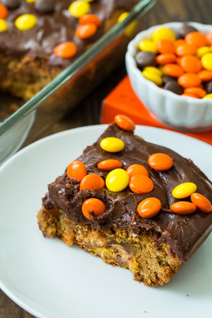 Reese's Pieces Peanut Butter Bars with chocolate frosting