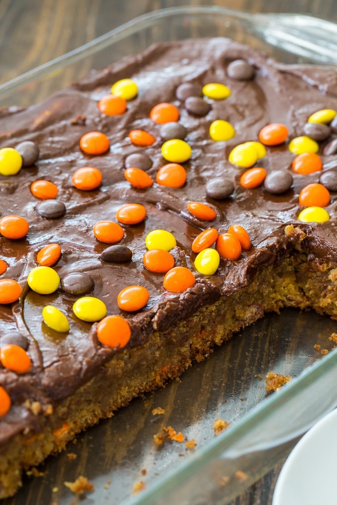 Reese's Pieces Peanut Butter Bars with chocolate frosting