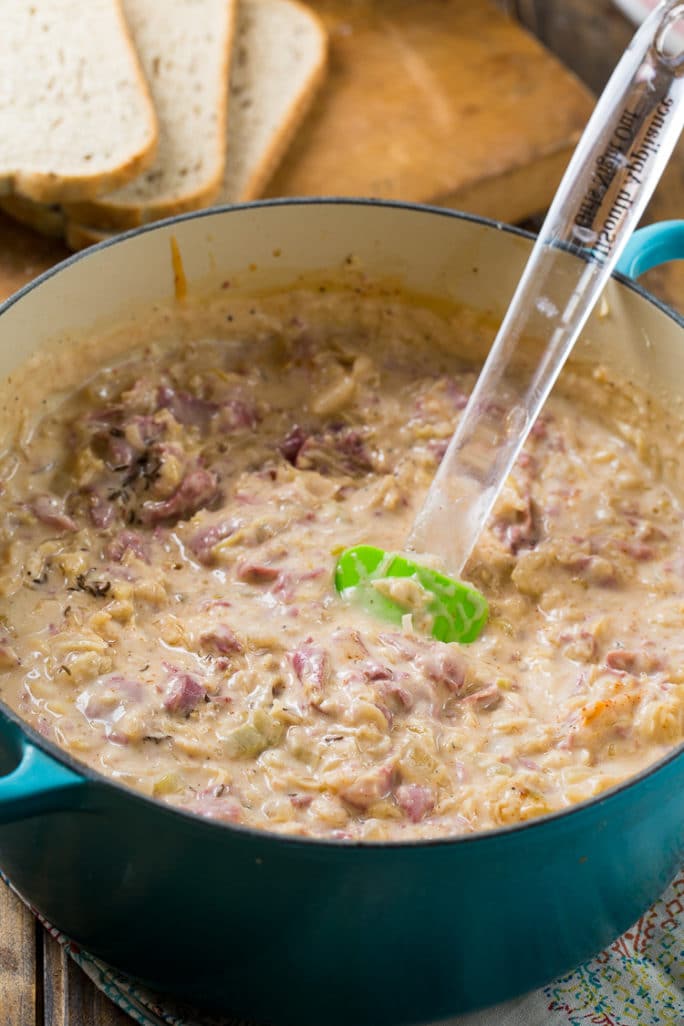 Reuben Soup with corned beef and swiss cheese