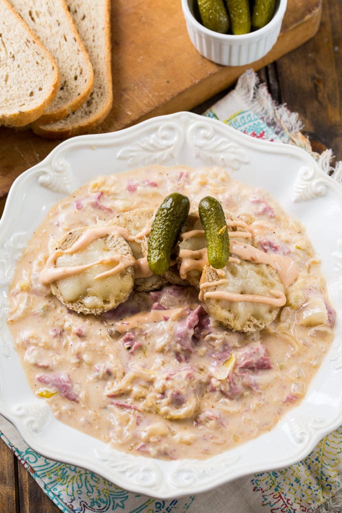 Reuben Soup with corned beef and swiss cheese and saeurkraut