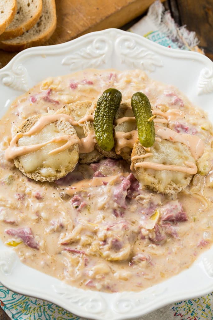 Reuben Soup with corned beef, swiss cheese, and sauerkraut