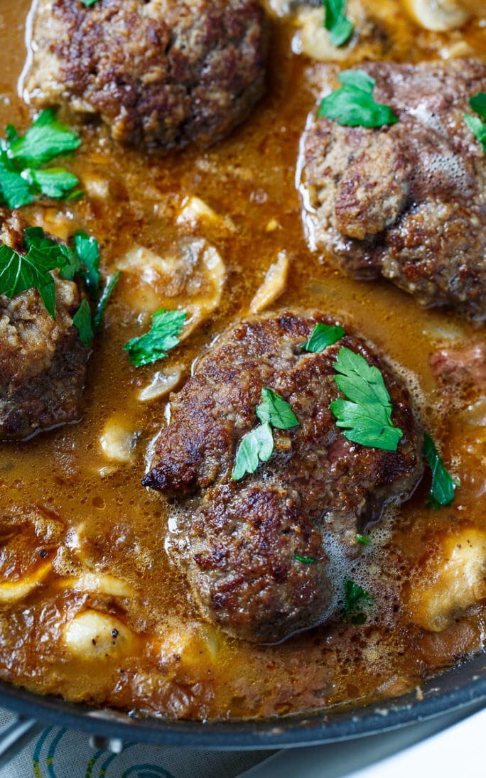 Salisbury Steak- the addition of onion soup mix and instant potato flakes to these steaks makes them really tender and flavorful.