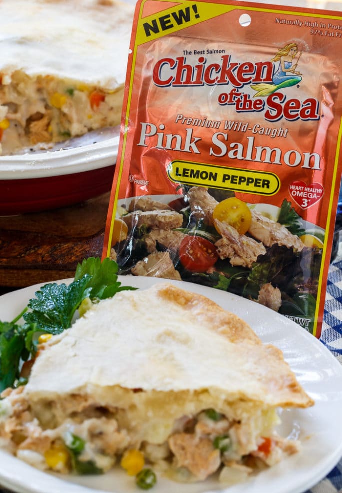 Salmon Pot Pie with a thick and creamy filling. Super easy to make with a refrigerated pie crust and Chicken of the Sea Salmon.