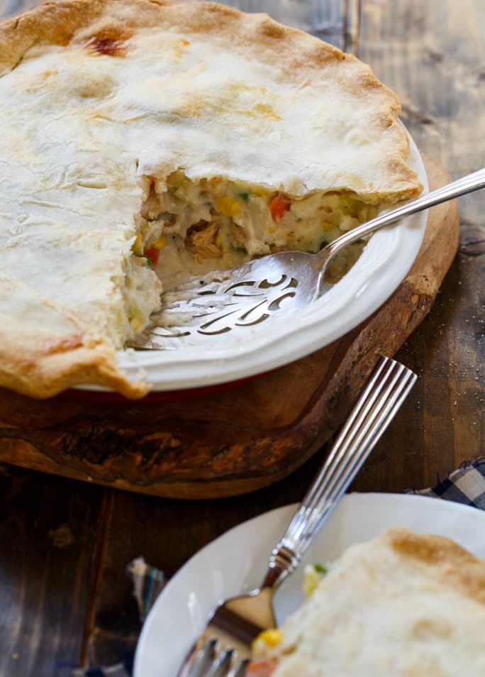 Salmon Pot Pie with a thick and creamy filling. Super easy to make with a refrigerated pie crust and Chicken of the Sea Salmon.