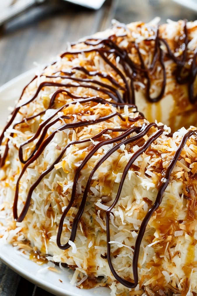 Samoa Bundt Cake- a moist chocolate cake covered in caramel icing and toasted coconut.